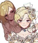  2girls blade_to_throat blonde_hair blush brooch character_request closed_mouth dagger dress flower holding holding_dagger holding_weapon identity_v jewelry knife looking_at_viewer multiple_girls reverse_grip rose sanpaku shirt simple_background smile violet_eyes weapon white_background white_dress white_flower white_rose white_shirt yp_(pypy_5_) 