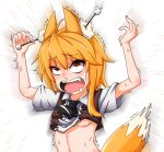  1girl ahoge all_the_way_through animal_ear_fluff animal_ears asymmetrical_hair bangs black_neckwear blonde_hair blush breasts brown_vest clothes_lift collared_shirt commentary_request cookie_(touhou) crying crying_with_eyes_open ear_cleaning empty_eyes eyebrows_visible_through_hair fox_ears fox_girl fox_tail hair_between_eyes medium_hair mimikaki miramikaru_riran necktie no_bra open_mouth red_eyes shirt shirt_lift short_sleeves sidelocks small_breasts solo tail tears trembling under_boob upper_body vest white_background white_shirt yan_pai 