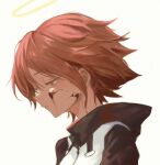  1girl 7ife arknights bangs blood blood_on_face close-up closed_mouth exusiai_(arknights) hair_between_eyes halo highres hood hoodie looking_down red_eyes short_hair simple_background solo white_background 