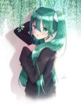  1girl :o absurdres bangs black_sweater blush bow eyebrows_visible_through_hair from_behind green_eyes green_hair hair_between_eyes hair_bow hair_over_shoulder hand_in_hair hatsune_miku highres long_hair long_sleeves looking_at_viewer looking_back nanae_lia shiny shiny_hair signature solo standing sweater twintails upper_body very_long_hair vocaloid white_background white_bow 