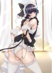  1girl absurdres animal_ears aqua_hair arms_behind_back ass azur_lane bangs bare_shoulders black_hair blue_eyes blunt_bangs breasts cheshire_(azur_lane) closed_mouth clothes_lift curtains detached_sleeves dress dress_lift frilled_dress frilled_sleeves frills highres iya_na_kao_sare_nagara_opantsu_misete_moraitai iya_na_kao_sare_nagara_opantsu_misete_moraitai_yo_wa_pantsu_ga_mitai_zo large_breasts lifted_by_self looking_at_viewer looking_back maid_headdress medium_hair multicolored_hair panties puffy_detached_sleeves puffy_sleeves sinorder solo streaked_hair thigh-highs two-tone_hair underwear white_panties window wrist_cuffs 