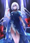  1girl absurdres admiral_graf_spee_(a_novel_anniversary)_(azur_lane) admiral_graf_spee_(azur_lane) artillery azur_lane blue_dress blue_eyes cup dress drinking_glass earrings evening_gown gradient_dress highres huge_filesize indoors jewelry layered_dress looking_at_viewer multicolored_hair off-shoulder_dress off_shoulder official_alternate_costume osatou_(soul_of_sugar) redhead short_hair solo streaked_hair two-tone_hair white_hair wine_glass 