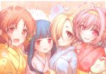  4girls abe_nana aqua_hair blonde_hair blue_hair brown_hair dated eberoton fang hair_over_one_eye hairband idolmaster idolmaster_cinderella_girls japanese_clothes jitome kimono long_hair looking_at_viewer multicolored_hair multiple_girls pink_eyes pink_hair red_eyes sajo_yukimi shirasaka_koume short_hair smile tareme upper_body yukata yumemi_riamu 