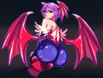  1girl animal_print ass bat_print bat_wings blue_legwear bridal_gauntlets demon_girl english_commentary from_behind head_wings high_heels highres insaneisane leotard lilith_aensland looking_at_viewer pantyhose pixel_art print_legwear purple_hair red_eyes red_footwear red_leotard red_wings short_hair sitting smile solo vampire_(game) wings yokozuwari 