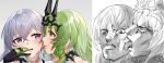  2girls :p black_gloves blue_eyes blush bronya_zaychik bronya_zaychik_(herrscher_of_reason) bronya_zaychik_(yamabuki_armor) commentary_request crown curly_hair facing_viewer finger_in_another&#039;s_mouth from_side ginklaga gloves green_eyes green_hair grey_eyes hair_between_eyes highres honkai_(series) honkai_impact_3rd jojo_no_kimyou_na_bouken licking licking_cheek licking_face long_hair looking_at_another meme mobius_(honkai_impact) multiple_girls open_mouth parody silver_hair smile taste_of_a_liar tongue tongue_out upper_body very_long_hair yuri 