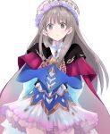  1girl atelier_(series) atelier_totori bangs blue_gloves brown_eyes brown_hair capelet collared_shirt commentary cosplay dress elbow_gloves formal frills gloves hands_together headdress looking_at_viewer maromi_(am97) mimi_houllier_von_schwarzlang mimi_houllier_von_schwarzlang_(cosplay) shirt simple_background solo totooria_helmold white_background 