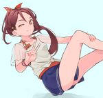 1girl anchor bare_legs blue_background blue_shorts bow bracelet brown_eyes closed_mouth collarbone commentary feet_out_of_frame hair_bow hair_ornament hand_on_own_leg highres irenji jewelry long_hair love_live! love_live!_sunshine!! one_eye_closed red_bow redhead sakurauchi_riko see-through_sleeves shirt short_sleeves shorts simple_background smile solo star_(symbol) star_hair_ornament tied_shirt very_long_hair white_shirt 