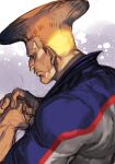  1boy blonde_hair closed_mouth fist_in_hand from_behind guile hankuri jacket male_focus solo street_fighter upper_body 