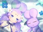 1girl :&lt; animal blue_eyes blue_flower character_request closed_eyes closed_mouth crab creature dress flower forehead hair_flower hair_ornament highres livly_island lying momoshiki_tsubaki on_back on_ground purple_hair see-through short_eyebrows snow solo thick_eyebrows white_dress white_flower 