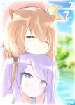  2girls ^_^ animal_ear_fluff animal_ears ayunda_risu bangs beret blush brown_hair closed_eyes eyebrows_visible_through_hair hat hololive hololive_indonesia long_hair moona_hoshinova multicolored multicolored_eyes multiple_girls mzuii pink_headwear purple_hair sleeping squirrel_ears squirrel_girl violet_eyes virtual_youtuber water yellow_eyes zzz 