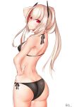  1girl absurdres airbo artist_name ass back bikini black_bikini black_swimsuit blonde_hair blush breasts closed_mouth eyebrows_visible_through_hair feet_out_of_frame girls_frontline hand_in_hair hand_on_hip headphones highres long_hair looking_to_the_side m4_sopmod_ii_(girls&#039;_frontline) medium_breasts multicolored_hair red_eyes smile solo standing swimsuit white_background 