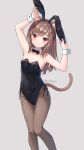 1girl :3 animal_ear_fluff animal_ears anz32 arms_up bangs bare_shoulders black_leotard black_neckwear bow bowtie breasts brown_hair brown_legwear cat_ears cat_girl cat_tail closed_mouth collar collarbone commentary_request detached_collar eyebrows_visible_through_hair fake_animal_ears fishnet_legwear fishnets grey_background half_updo leotard original pantyhose playboy_bunny rabbit_ears red_eyes simple_background small_breasts smile solo strapless strapless_leotard tail twitter_username white_collar wing_collar wrist_cuffs