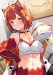  1girl animal_ears breasts highres looking_at_viewer medium_breasts midriff mole mole_on_stomach navel nijisanji ratna_petit red_eyes red_skirt redhead short_hair skirt sleeves_past_fingers sleeves_past_wrists solo swimsuit virtual_youtuber yuuri_nayuta 