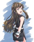  1girl :d black_dress blue_background brown_eyes brown_hair cowboy_shot dress floating_hair from_behind gloves hand_on_hip highres holding holding_poke_ball leaf_(pokemon) long_hair looking_at_viewer looking_back open_mouth poke_ball pokemon pokemon_(game) pokemon_frlg shiny shiny_hair short_dress side_slit sleeveless sleeveless_dress smile solo standing two-tone_background very_long_hair white_background white_gloves 