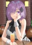  1girl alternate_costume bangs bare_shoulders black_ribbon blush commentary_request cup dress drink drinking_glass eyebrows_visible_through_hair eyes_visible_through_hair fate/grand_order fate_(series) formal hair_ornament hair_over_one_eye hand_on_own_cheek hand_on_own_chin hand_on_own_face highres indoors light_purple_hair lips looking_at_viewer mash_kyrielight neck_ribbon official_alternate_costume pink_lips ribbon sakurasakimasu4 see-through short_hair sleeveless sleeveless_dress smile solo under_the_same_sky upper_body violet_eyes white_dress wrist_cuffs 