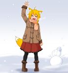  1girl :d ahoge alternate_costume animal_ear_fluff animal_ears asymmetrical_hair bangs black_legwear blonde_hair boots brown_coat brown_footwear closed_eyes coat commentary_request cookie_(touhou) eyebrows_visible_through_hair fang fox_ears fox_girl fox_tail frilled_skirt frills full_body medium_hair miramikaru_riran niconico open_mouth orange_scarf red_skirt scarf sidelocks skirt smile smiley_face snow snowing snowman solo standing tail waving yan_pai 