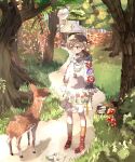  1girl building cross deer dress dxfma floral_print forest highres mushroom nature original tree white_dress yoyoyo_(dxayo) 