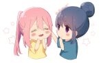  2girls =_= atu baggy_clothes bangs blue_hair blue_shirt blush blush_stickers cheek_pinching cheek_pull chibi closed_eyes dark_blue_hair eyebrows_visible_through_hair hair_between_eyes hair_bun hair_intakes happy kagamihara_nadeshiko multiple_girls no_pupils open_mouth pinching pink_hair ponytail shima_rin shirt short_eyebrows short_sleeves simple_background smile star_(symbol) t-shirt twitter_username violet_eyes white_background wide_sleeves yellow_shirt yurucamp 