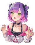  1girl :d bangs bare_shoulders black_bow black_choker black_shirt blush bow choker commentary cropped_torso double_bun earrings eyebrows_visible_through_hair fangs green_eyes hair_bow hands_up highres hololive jacket jewelry long_sleeves looking_at_viewer multicolored multicolored_hair multicolored_nails nail_polish o-ring o-ring_choker open_mouth paw_pose pink_hair puffy_long_sleeves puffy_sleeves purple_nails shirt simple_background smile solo sooon tokoyami_towa two-tone_hair upper_body violet_eyes virtual_youtuber white_hair white_jacket yellow_nails 