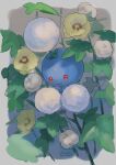 :3 artist_name blurry closed_mouth commentary_request cotton_ball flower highres jumpluff kikuyoshi_(tracco) leaf no_humans pokemon pokemon_(creature) red_eyes signature smile yellow_flower 