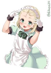  1girl alternate_costume apron aqua_dress blonde_hair blush dress ebifurya enmaided eyebrows_visible_through_hair gloves green_eyes highres kantai_collection looking_up luigi_torelli_(kancolle) maid maid_apron maid_headdress open_mouth puffy_short_sleeves puffy_sleeves round_teeth short_hair short_sleeves simple_background smile solo teeth twitter_username upper_teeth white_apron white_background white_gloves 