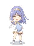  1girl :d attouteki_gacha_un_de_isekai_wo_nariagaru! blue_footwear blue_hair blue_leotard blue_sleeves blush boots breasts character_request chibi circlet detached_sleeves fujisaki_yuu full_body leotard long_hair long_sleeves looking_at_viewer medium_breasts open_mouth outstretched_arm pointy_ears puffy_long_sleeves puffy_sleeves shadow smile solo standing thigh_strap white_background yellow_eyes 