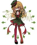  1girl absurdres amaterial angel_wings black_footwear blonde_hair cross crying crying_with_eyes_open full_body funamusea green_headwear green_shirt green_skirt haiiro_teien hair_between_eyes hat highres leggings long_hair looking_down macarona red_eyes red_legwear sailor_collar school_uniform shirt shoes simple_background skirt solo tears white_background wings 