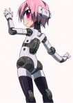  1girl :3 commentary_request eyebrows_visible_through_hair humanoid_robot joints looking_at_viewer looking_back original pink_eyes pink_hair robot_joints short_hair solo tommy_region very_short_hair white_background 