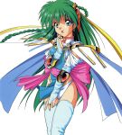  1990s_(style) absurdres back_bow bangs blue_eyes blue_legwear bow braid bridal_gauntlets can_can_bunny feet_out_of_frame green_hair hair_ornament highres huge_filesize long_hair official_art panties retro_artstyle scan simple_background swatty_(can_can_bunny) thigh-highs tongue tongue_out underwear white_background white_panties 
