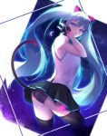  1girl absurdres animal_ears bangs black_gloves black_legwear black_panties black_skirt blackdog_1 blue_eyes blue_hair blue_neckwear cat_ears cat_tail cropped_legs fake_animal_ears fingerless_gloves floating_hair gloves hair_between_eyes hatsune_miku highres long_hair miniskirt necktie panties pleated_skirt shiny shiny_hair shirt skirt sleeveless sleeveless_shirt solo standing tail thigh-highs tongue tongue_out twintails twisted_torso underwear very_long_hair vocaloid white_shirt 