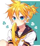  1boy bass_clef black_collar blonde_hair blue_eyes collar commentary headphones highres kagamine_len kaho_0102 knee_up leaf looking_at_viewer male_focus mouth_hold necktie necktie_in_mouth sailor_collar school_uniform shirt sitting spiky_hair two-tone_background upper_body v-shaped_eyebrows vocaloid white_shirt yellow_neckwear 