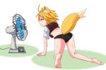  1girl ahoge all_fours animal_ear_fluff animal_ears ass asymmetrical_hair bangs barefoot black_panties blonde_hair breasts brown_eyes brown_vest clothes_lift collared_shirt commentary_request cookie_(touhou) electric_fan eyebrows_visible_through_hair feet fox_ears fox_girl fox_tail full_body hot medium_hair miramikaru_riran no_bra no_pants open_mouth panties shirt shirt_lift short_sleeves sidelocks small_breasts soles solo sweat tail underwear vest white_background white_shirt yan_pai 