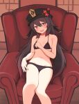  1girl bikini black_bikini breasts brown_hair caraku couch genshin_impact half-closed_eyes hat highres hu_tao_(genshin_impact) navel on_couch open_mouth sitting small_breasts smile solo star-shaped_pupils star_(symbol) stomach swimsuit symbol-shaped_pupils 
