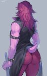  1girl ass back biceps bracelet colored_skin deltarune from_behind grey_background highres jewelry messy_hair monster_girl muscular muscular_female purple_hair purple_skin simple_background sleeveless sleeveless_jacket solo spiked_armlet spiked_bracelet spikes susie_(deltarune) suurin_(ksyaro) tail vest 