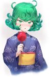 1girl blue_kimono candy candy_apple commentary_request curly_hair floral_print food green_eyes green_hair highres holding holding_candy holding_food japanese_clothes kimono looking_at_viewer mogudan obi one-punch_man print_kimono sash solo tatsumaki upper_body white_background wide_sleeves yukata 