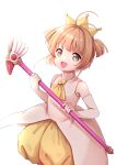  1girl :d antenna_hair bangs blush brown_hair cardcaptor_sakura commentary_request crown dress elbow_gloves eyebrows_visible_through_hair fuuin_no_tsue gloves green_eyes highres holding holding_wand kinomoto_sakura kiyomiya_ryou looking_at_viewer open_mouth puffy_shorts short_shorts shorts simple_background sleeveless sleeveless_dress smile solo two_side_up wand white_background white_dress white_gloves yellow_neckwear yellow_shorts 