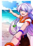  1girl :d absurdres antenna_hair bangs beach black_shorts blue_sky bracelet clouds cloudy_sky hair_between_eyes highres holding_hands honkai_(series) honkai_impact_3rd index_finger_raised jewelry kaixuan_lushang kiana_kaslana long_hair looking_at_viewer necklace ocean open_mouth outdoors pointing sailor_collar shirt shoes shorts sky smile summer summer_uniform teeth white_shirt 