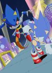  2boys absurdres banel_springer building clenched_teeth gloves highres huge_filesize male_focus metal_sonic multiple_boys racing retro_artstyle robot running shoes sneakers sonic_(series) sonic_cd sonic_the_hedgehog sonic_the_hedgehog_(classic) teeth white_gloves 