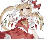  1girl :p animal_hands ascot bangs blonde_hair blush bow cat_tail center_frills closed_mouth cowboy_shot crystal eyebrows_visible_through_hair flandre_scarlet flat_chest frilled_shirt_collar frills from_below gloves hand_up hat hat_bow highres kemonomimi_mode looking_at_viewer mob_cap one_side_up paw_gloves puffy_short_sleeves puffy_sleeves red_bow red_eyes red_skirt red_vest short_hair short_sleeves simple_background skirt solo sorani_(kaeru0768) swept_bangs tail tongue tongue_out touhou vest white_background white_headwear wings yellow_neckwear 
