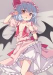  1girl :o arm_up bangs bat_wings bloomers blue_hair blush bow breasts commentary_request dress eyebrows_visible_through_hair fang feet_out_of_frame hands_up hat hat_bow highres looking_to_the_side mob_cap nose_blush on_bed open_mouth petticoat pink_dress pink_headwear puffy_short_sleeves puffy_sleeves red_bow red_eyes remilia_scarlet short_hair short_sleeves skin_fang small_breasts solo touhou toutou_(soyarrow) underwear upskirt wings wrist_cuffs 