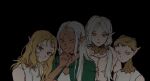  1boy 3girls androgynous black_background black_choker black_eyes blonde_hair choker cithis closed_mouth dark-skinned_female dark_skin detached_collar dungeon_meshi elf fleki grey_hair grin looking_at_viewer low_twintails lycion multiple_girls otta_(dungeon_meshi) parted_lips pointy_ears short_hair simple_background smile twintails very_short_hair yp_(pypy_5_) 