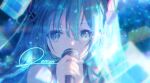  1girl bangs blue_eyes blue_hair collarbone eyebrows_visible_through_hair hair_between_eyes hair_ornament hatsune_miku holding holding_microphone long_hair looking_at_viewer microphone music portrait renren_(pixiv22963369) shiny shiny_hair signature singing sleeveless solo vocaloid 