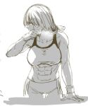  1girl abs aoba_(smartbeat) backlighting bangs breasts fate/grand_order fate_(series) greyscale hair_ribbon large_breasts long_hair looking_to_the_side martha_(fate) monochrome muscular muscular_female pants ribbon sketch sports_bra sweat toned wristband yoga_pants 