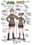  2girls alisa_(girls_und_panzer) arm_bump bangs black_footwear black_shorts boots brown_eyes brown_hair brown_jacket character_name closed_mouth commentary emblem freckles girls_und_panzer grey_legwear grin hair_ornament hand_on_hip highres jacket kneehighs loafers long_sleeves looking_at_another military military_uniform multiple_girls naomi_(girls_und_panzer) partially_translated sasaki_tatsuya saunders_military_uniform shoes short_hair short_shorts short_twintails shorts simple_background smile socks standing star_(symbol) star_hair_ornament translation_request twintails uniform very_short_hair white_background 
