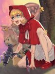  1girl 1other basket blonde_hair blood blue_eyes bug bulleta butterfly cuts dedekirumon dog gun handgun highres holding holding_weapon injury kneeling knife monster open_mouth pistol red_footwear red_hood sharp_teeth short_hair teeth vampire_(game) weapon 