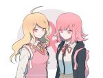  2girls ahoge akamatsu_kaede animal_bag backpack bag bangs blonde_hair blonde_hiar blunt_bangs breasts cat_bag closed_mouth collared_shirt danganronpa_(series) danganronpa_2:_goodbye_despair danganronpa_v3:_killing_harmony dress_shirt eyebrows_visible_through_hair galaga grey_background hair_ornament hood hood_down hooded_jacket jacket large_breasts long_hair multiple_girls nanami_chiaki necktie open_clothes open_jacket orange_neckwear pink_background pink_bag pink_eyes pink_vest shirt shirt_tucked_in venus_symbol vest white_background white_shirt yib_(2725116528) 