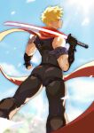  1boy absurdres armband armor ass back black_bodysuit black_gloves blonde_hair blue_armband bodysuit clouds day elbow_gloves energy_sword falling_petals fingerless_gloves gloves highres holding holding_sword holding_weapon light_rays looking_back male_focus omedemidori original outdoors pauldrons petals red_eyes red_scarf scarf shiny shiny_clothes shiny_hair short_hair shoulder_armor single_pauldron sky solo sword toned toned_male weapon white_petals 