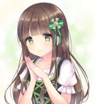  1girl bangs blush bow brown_hair caramel_(caramelmilk) closed_mouth collarbone commentary_request eyebrows_visible_through_hair gochuumon_wa_usagi_desu_ka? green_bow green_eyes hair_bow hands_up long_hair looking_at_viewer own_hands_together palms_together puffy_short_sleeves puffy_sleeves shirt short_sleeves smile solo striped striped_bow ujimatsu_chiya upper_body very_long_hair white_shirt 