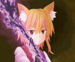  1girl animal_ear_fluff animal_ears asymmetrical_hair bangs black_neckwear blonde_hair brown_background brown_eyes brown_vest closed_mouth collared_shirt commentary_request cookie_(touhou) eyebrows_visible_through_hair fox_ears fox_girl fox_tail hair_between_eyes holding holding_pole looking_at_viewer medium_hair miramikaru_riran necktie pole shirt sidelocks smile solo tail upper_body vest white_shirt yan_pai 