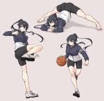  1girl barefoot basketball beige_background bike_shorts black_hair black_shorts eyebrows_visible_through_hair hair_between_eyes highres jack-o&#039;_challenge jacket kantai_collection long_hair long_sleeves multiple_views open_mouth ponytail red_eyes rindou_(rindou_annon) shoes shorts simple_background sneakers top-down_bottom-up track_jacket very_long_hair yahagi_(kancolle) 